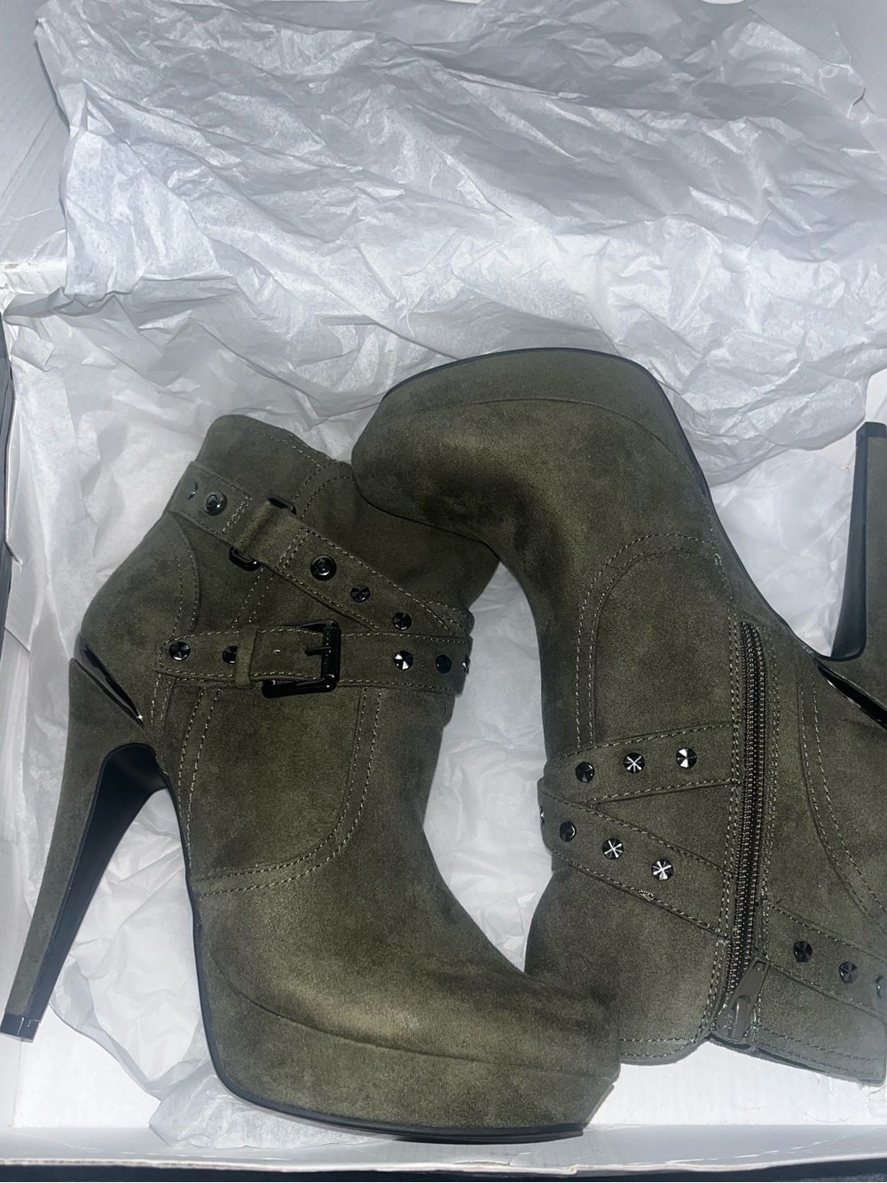 Olive Suede Platform Ankle Boots with Studded Strap Detail